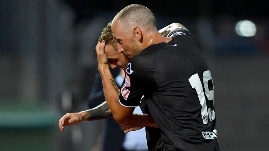 Lugano's player Mattia Bottani, left, celebrateS the 2 - 0 goal with Lugano's player Alexander Gernt, right, during the Super League soccer match FC Lugano against FC Luzern, at the Cornared ...
