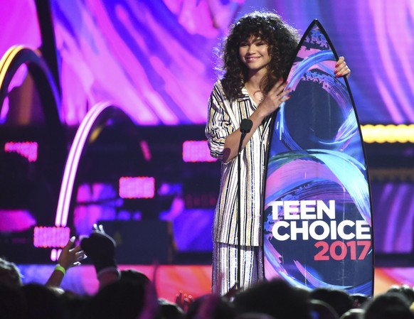 Zendaya accepts the award for choice summer movie actress for &quot;Spider-Man: Homecoming&quot; at the Teen Choice Awards at the Galen Center on Sunday, Aug. 13, 2017, in Los Angeles. (Photo by Phil  ...