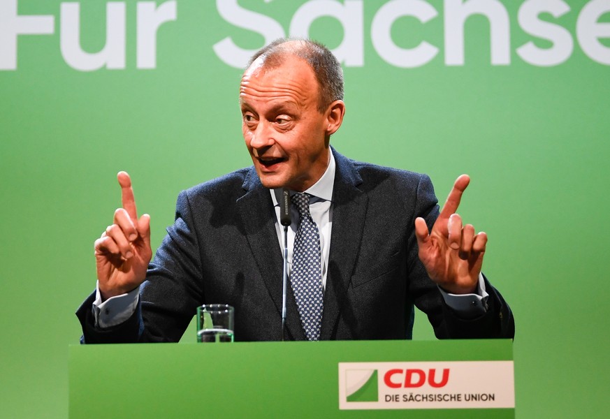epa07201158 A candidate for the leadership of the German Christian Democratic Union (CDU) Friedrich Merz speaks at a regional conference and campaign rally for the leadership of the CDU in Leipzig, Ge ...