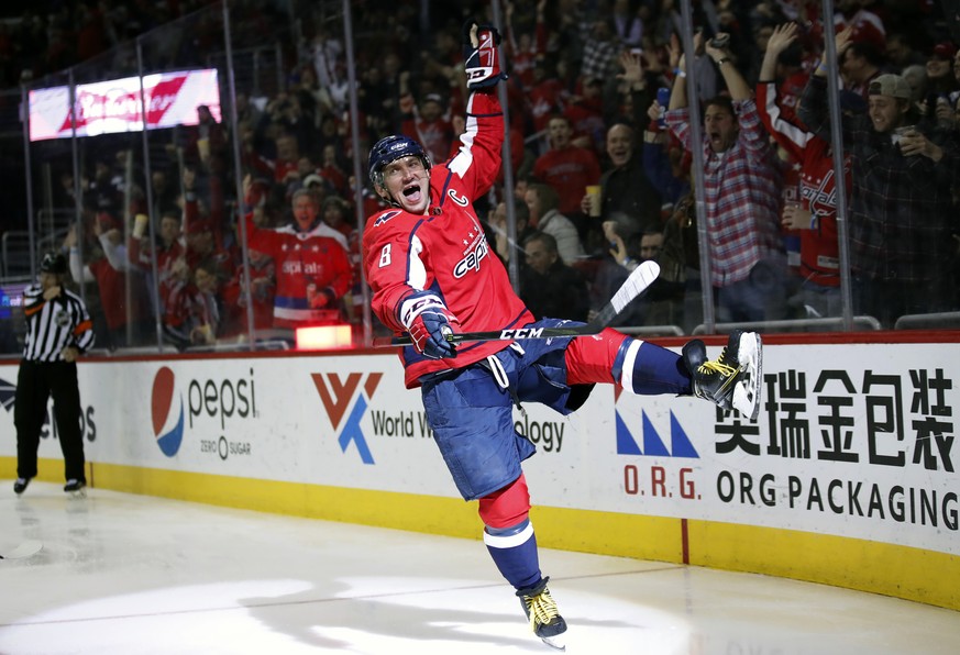 Washington Capitals left wing Alex Ovechkin celebrates his goal in the second period of an NHL hockey game against the Winnipeg Jets, Monday, March 12, 2018, in Washington. It was Ovechkin&#039;s 600t ...