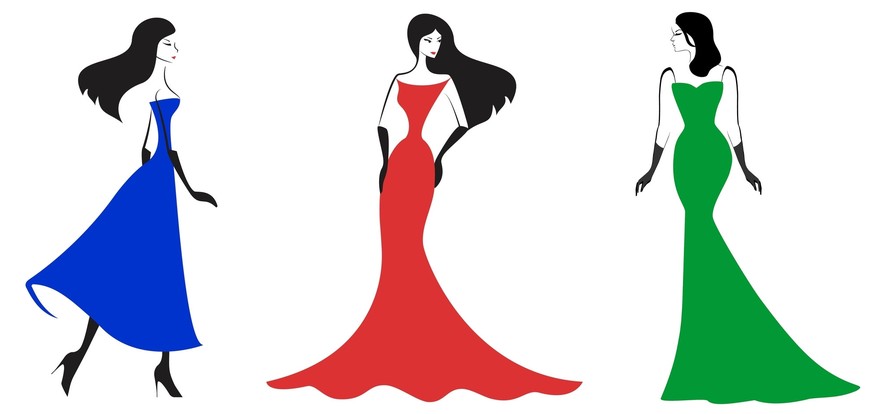 Drei Frauen in Kleidern unterschiedlicher Farbe