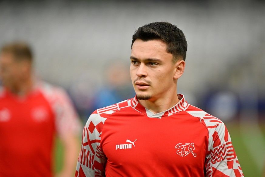 Switzerland&#039;s Fabian Rieder during the warmup prior to the Group D match between Switzerland and Italy at the 2023 UEFA European Under-21 Championship tournament in the Cluj Arena in Cluj-Napoca, ...