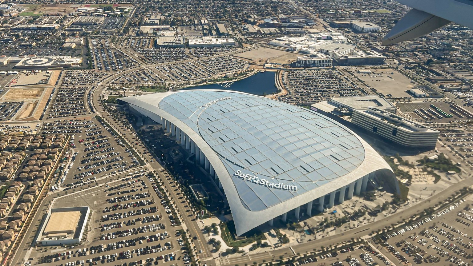 September 11, 2022 - Los Angeles, CA USA - Los Angeles's SoFi Stadium is one of 16 stadiums, 11 from the US, chosen to host the 2026 FIFA World Cup. xkwx aerial, aerial view, architecture, arena, ...