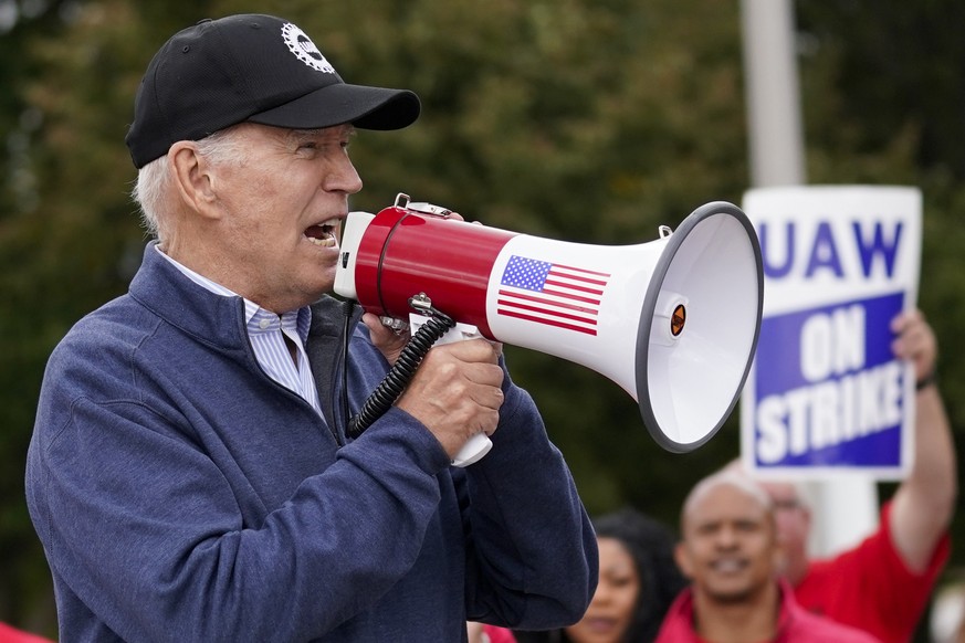 President Joe Biden speaks as he joins striking United Auto Workers on the picket line, Tuesday, Sept. 26, 2023, in Van Buren Township, Mich. (AP Photo/Evan Vucci)
Joe Biden