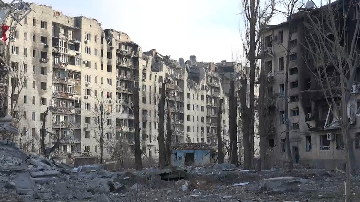 This grab taken from video released by the head of the Russian-controlled Donetsk region Denis Pushilin's telegram channel on Saturday, Feb. 24, 2024, shows damaged buildings, after Russian force ...