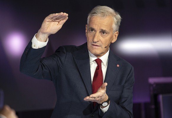 FILE - In this Tuesday, Aug. 31, 2021 file photo, Labor leader Jonas Gahr Store speaks during a party leader debate on TV2, in Bergen, Norway. As Norwegians head to the polls on Monday, Sept. 13, fear ...