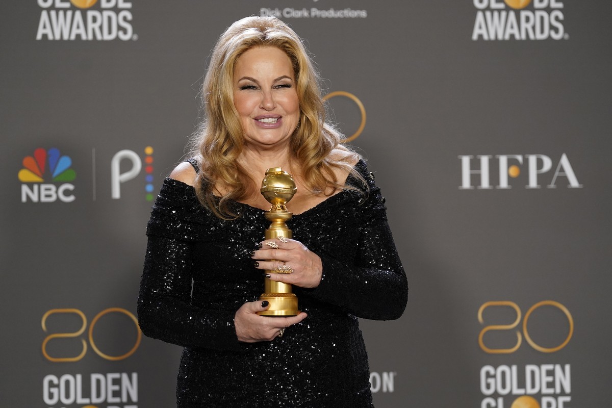 Jennifer Coolidge poses in the press room with the award for best performance by an actress in a supporting role in a limited series, anthology series or motion picture made for television for "T ...