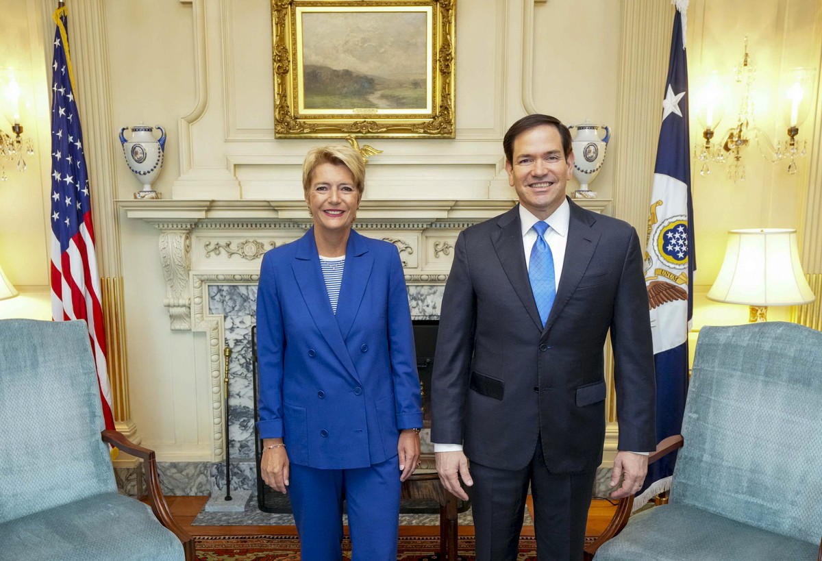 KEYPIX - HANDOUT - US Secretary Marco Rubio meets with Swiss Federal President Karin Keller-Sutter, left, at the Department of State in Washington, D.C., August 6, 2025. (Official State Department pho ...