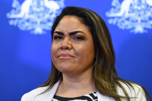 epa10918470 Shadow Minister for Indigenous Australians Senator Jacinta Price addresses the media during a press conference in Brisbane, Australia, 14 October 2023. Australians on 14 October voted agai ...