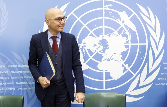 The UN High Commissioner for Human Rights Volker Turk (Tuerk) leaves the podium after talking to the media during a new press conference, at the European headquarters of the United Nations in Geneva,  ...