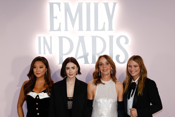 epa11601193 (L-R) US actress Ashley Park, British-US actress Lily Collins, French Actress Philippine Leroy-Beaulieu and French actress Camille Razat, pose during the photocall of the presentation of t ...