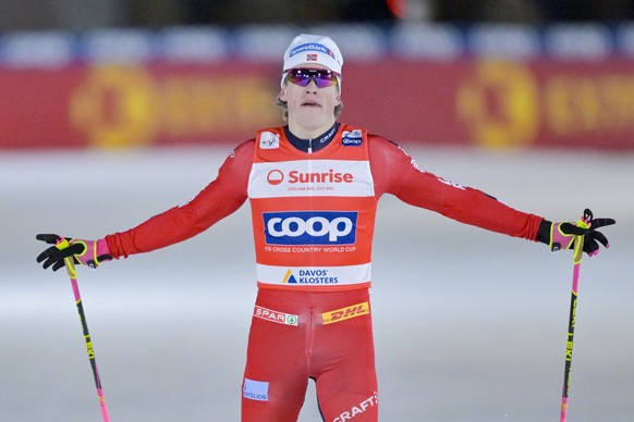 epa12588059 Johannes Hoesflot Klaebo of Norway reacts as the winner crossing the finish line, during the final of the men?s Team sprint free competition at the Davos Nordic FIS Cross Country World Cup ...