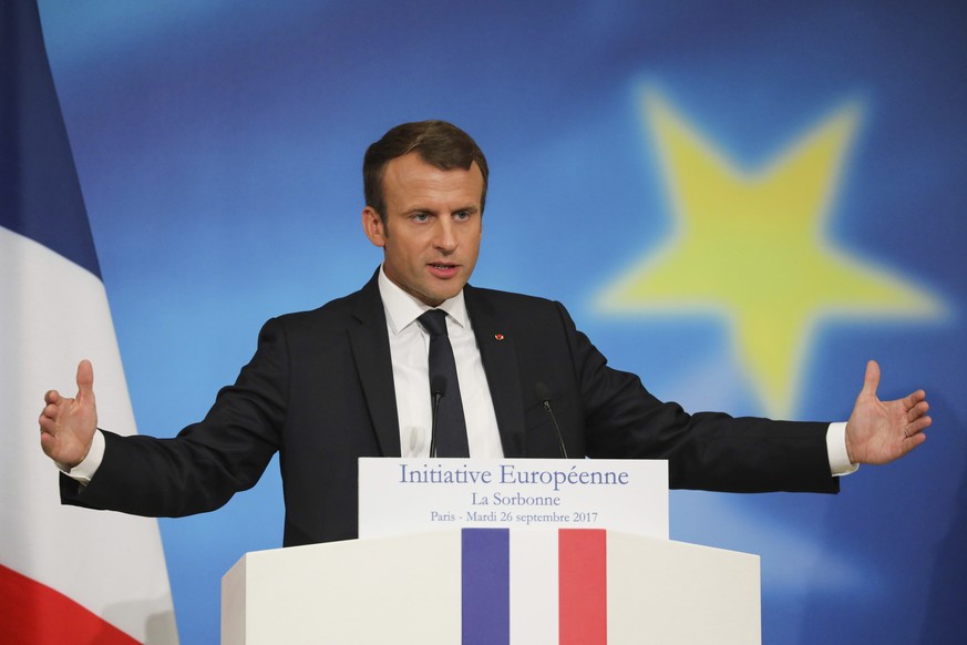 French President Emmanuel Macron delivers a speech on the European Union at the amphitheater of the Sorbonne university in Paris, France, Tuesday, Sept. 26, 2017. Macron is laying out his vision Tuesd ...