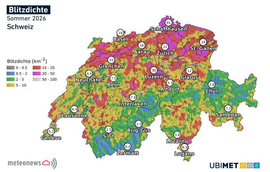 Anzahl Blitze pro Quadratkilometer (Blitzdichte) im vergangenen Sommer.