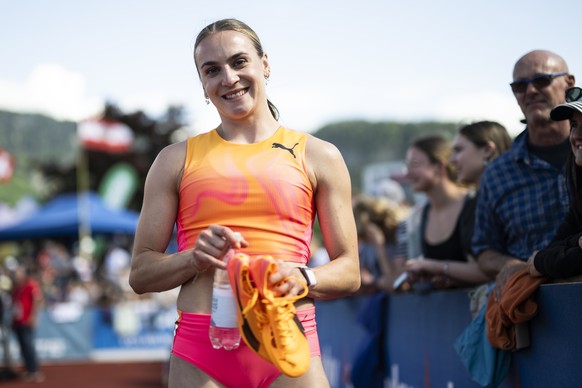 Annik Kaelin (Schweiz) nach ihrem Lauf ueber 800 Meter, aufgenommen am Hypomeeting, am Sonntag, 19. Mai 2024, in Goetzis, Oesterreich. (KEYSTONE/Gian Ehrenzeller)