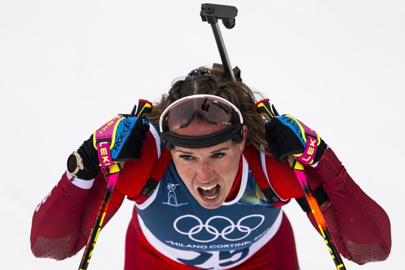 KEYPIX - Lena Haecki-Gross of Switzerland reacts in the finish area during the women's Biathlon 15km Individual competition at the 2026 Olympic Winter Games in Anterselva, Italy, on Wednesday, Fe ...