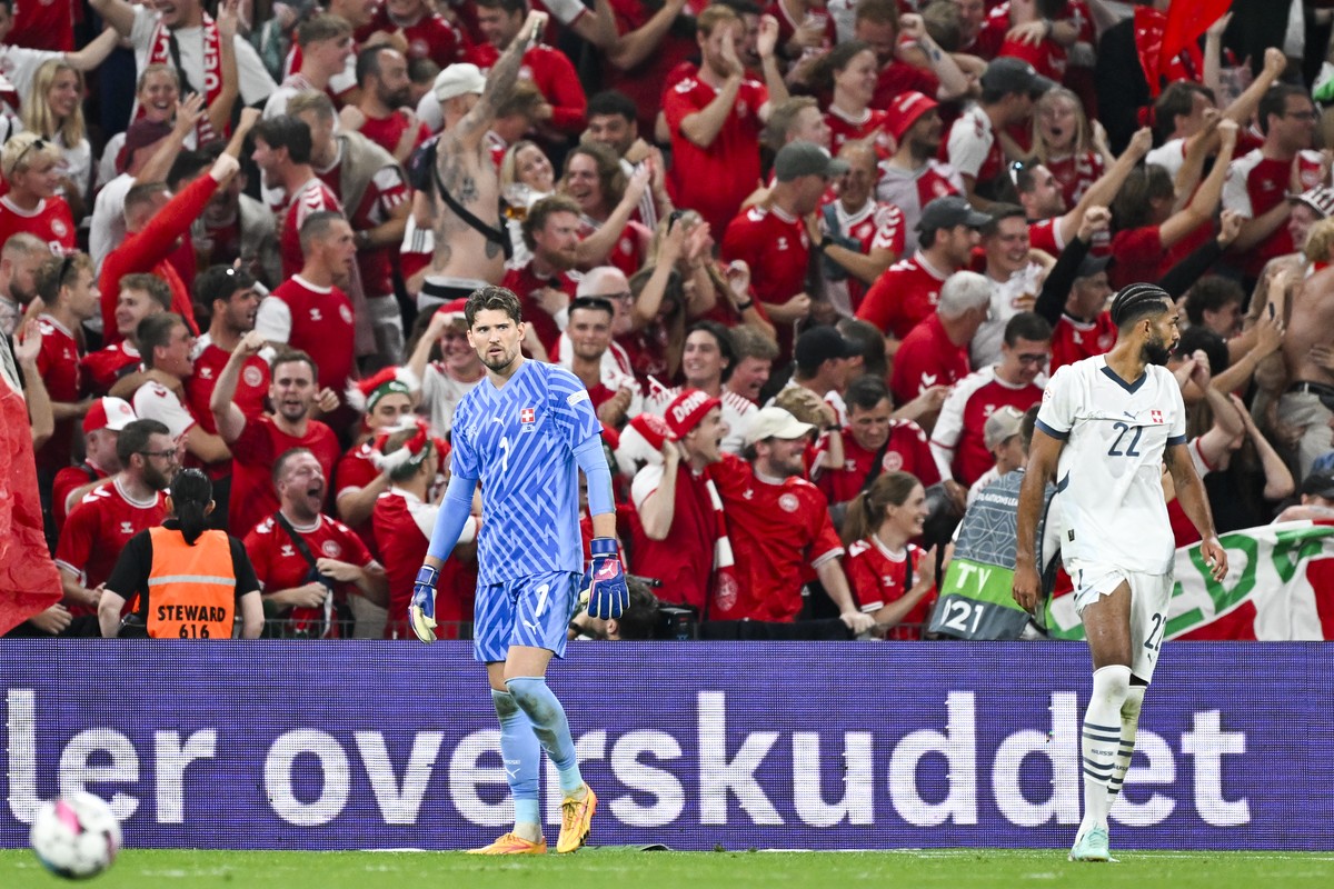Switzerland's goalkeeper Gregor Kobel reacts after the 1-0 during the UEFA Nations League Group D leg 1 soccer match between Denmark and Switzerland, on Thursday, September 5, 2024, at the Parken ...