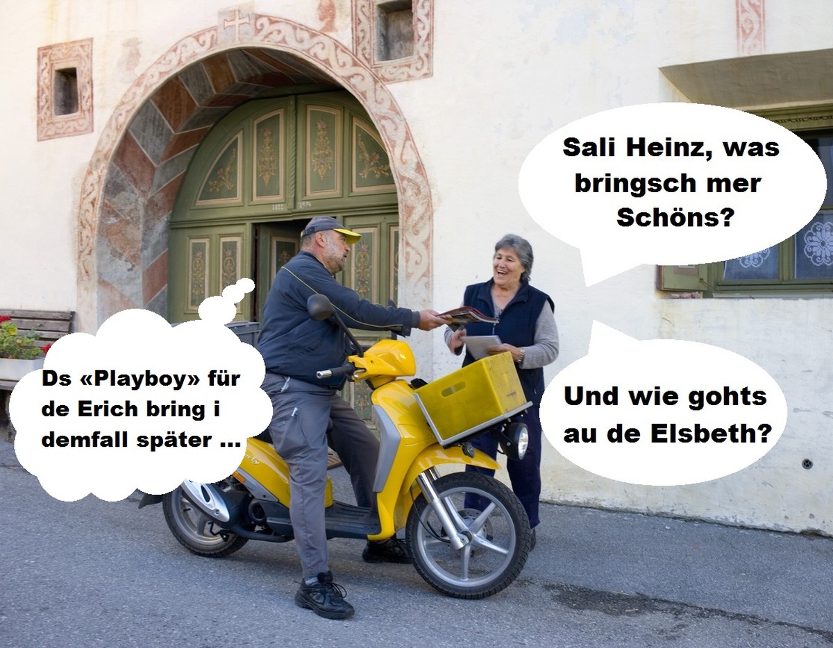 Ein Brieftraeger bringt einer Frau in Sent im Engadin, Kanton Graubuenden, Schweiz, am 16. Oktober 2006 mit dem Mofa die Post. (KEYSTONE/Martin Ruetschi) === , ===

The postman delivers the mail with  ...