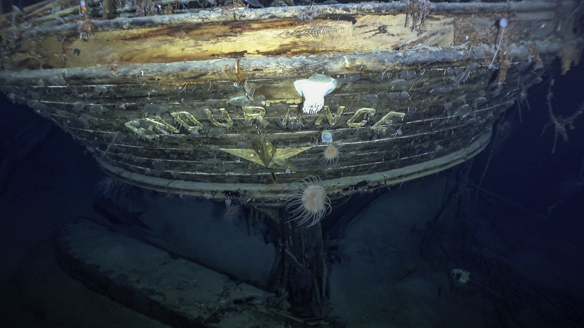 In this photo issued by Falklands Maritime Heritage Trust, a view of the stern of the wreck of Endurance, polar explorer's Ernest Shackleton's ship. Scientists say they have found the sunken ...
