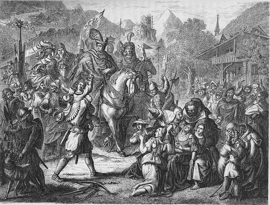 Apfelschuss, Wilhelm Tell. Darstellung von Otto von Leixner, 1880
Von Otto von Leixner - eigener Scan, Uploader17, Bild-PD-alt, https://de.wikipedia.org/w/index.php?curid=1632305
