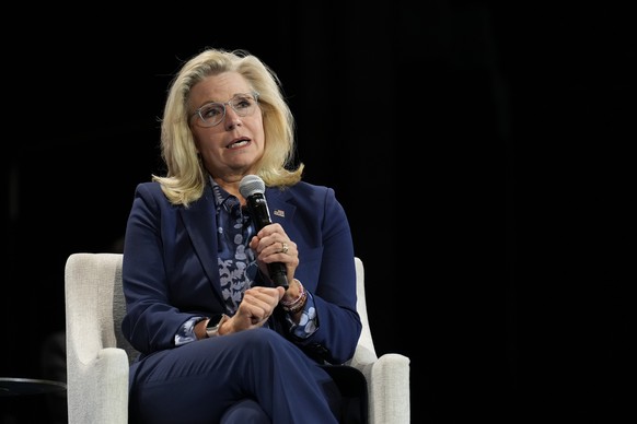Former Congresswoman Liz Cheney speaking during a town hall with Democratic presidential nominee Vice President Kamala Harris at Sharon Lynne Wilson Center for the Arts in Brookfield, Wisc., on Monday ...