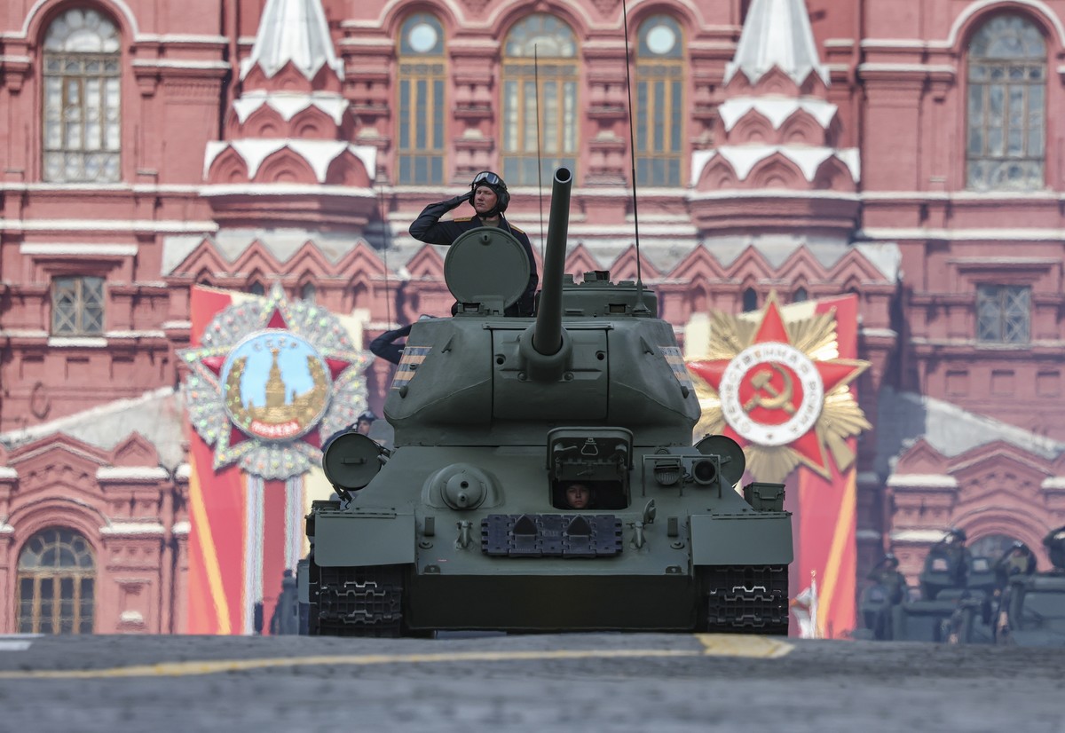 epa12085680 Soviet T-34-85 tank takes part in the Victory Day military parade, marking the 80th anniversary of Victory in the Great Patriotic War, on the Red Square in Moscow, Russia, 09 May 2025. EPA ...