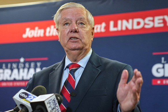 FILE - Sen. Lindsey Graham, R-S.C., speaks with supporters after filing his reelection paperwork, March 16, 2026, in Columbia, S.C. (AP Photo/Meg Kinnard, File)
Lindsey Graham