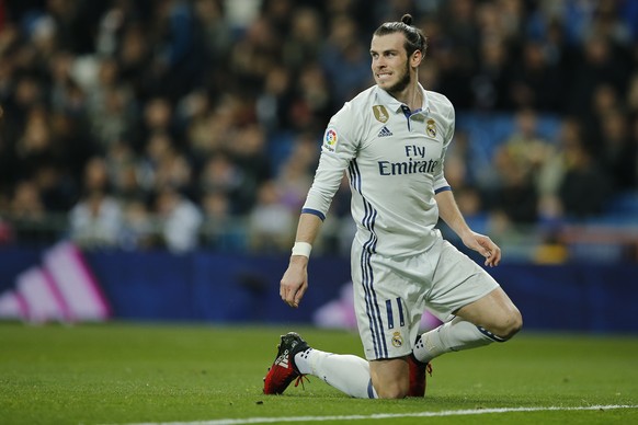 FILE - In this file photo dated Wednesday March 1, 2017, Real Madrid&#039;s Gareth Bale reacts during a Spanish La Liga soccer match between Real Madrid and Las Palmas at the Santiago Bernabeu stadium ...