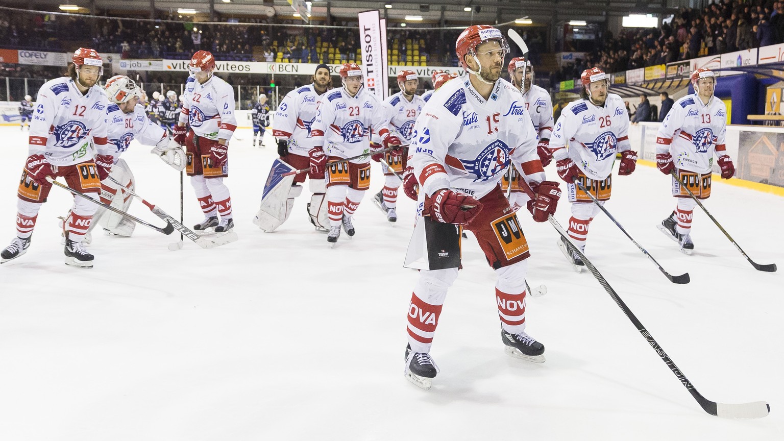 La joie du SC Rapperswil Jona Lakers, lors du 1er match des 1/2 finales de playoff du championnat suisse de hockey sur glace LNB, entre le HC La Chaux-de-Fonds et le SC Rapperswil-Jona Lakers ce diman ...