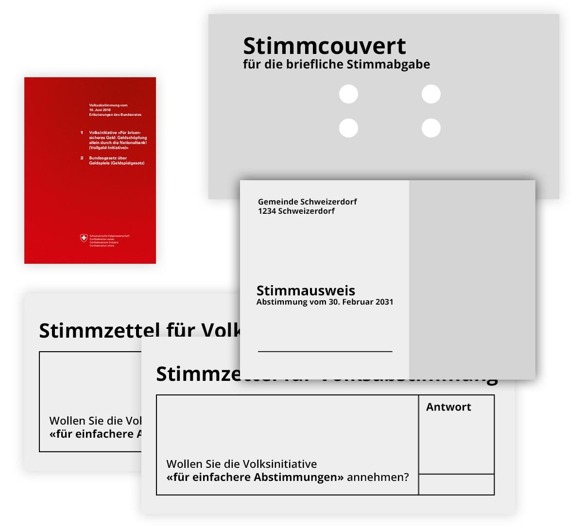 Überprüfen Sie, ob Sie das gesamte Abstimmungsmaterial erhalten haben
Insbesondere:

das rote Abstimmungsbüchlein mit den Erläuterungen des Bundesrates;
das Antwortcouvert (gewöhnlich derselbe Umschla ...