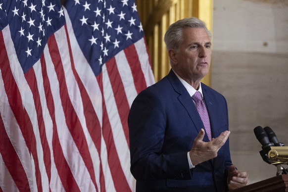 epa10214497 US House Minority Leader Kevin McCarthy delivers remarks during a Congressional statue dedication and unveiling ceremony in honor of President Harry S. Truman, in the Capitol Rotunda, in W ...