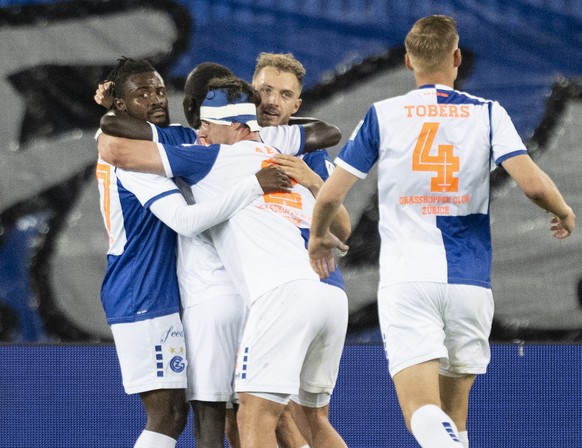 Giotto Morandi (GC) jubelt nach seinem Tor im Fussball Meisterschaftsspiel der Super League zwischen dem Grasshopper Club Zuerich und Yverdon Sport FC im Letzigrund, am Dienstag, 14. Mai 2024 in Zueri ...