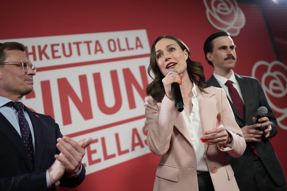 Finnish Prime Minister Sanna Marin, Social Democratic Party adresses to her supporters during an election party in Helsinki, Finland, Sunday, April 2, 2023. Finland&#039;s center-right National Coalit ...
