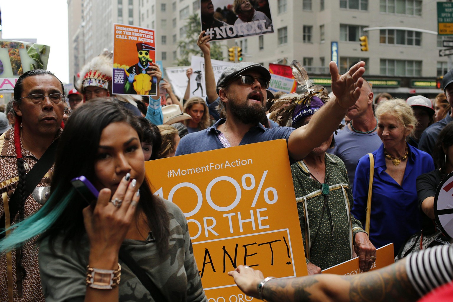 Hollywoodstar Leonardo Di Caprio an der Grossdemo in New York, die Massnahmen gegen den Klimawandel forderte.