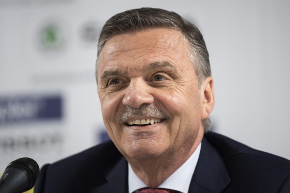 Rene Fasel, President IIHF speaks during a press conference at the Ice Hockey World Championship in Paris, France on Monday, May 8, 2017. (KEYSTONE/Peter Schneider)