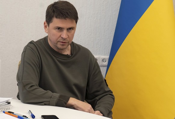 Ukrainian Presidential adviser Mykhailo Podolyak speaks during an interview with The Associated Press in Kyiv, Ukraine, Wednesday, Sept. 28, 2022. Podolyak insisted that nothing would change on the ba ...