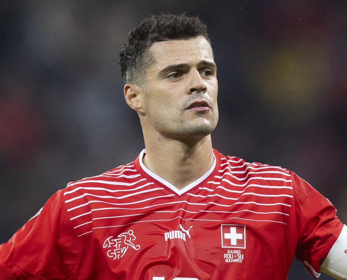 Switzerland's Granit Xhaka reacts during the UEFA Euro 2024 qualifying group I soccer match between Romania and Switzerland at the National Arena stadium in Bucharest, Romania, Tuesday, November  ...