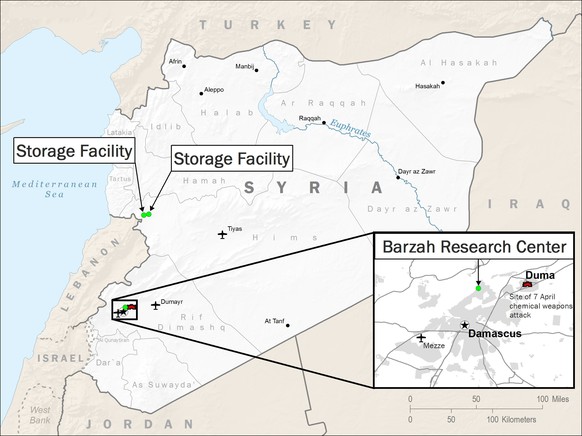 epa06668591 A handout image made available by the US Department of Defense (DoD) showing a Syria unclassified map indicating areas that were targeted by US, French and British forces on 14 April 2018. ...