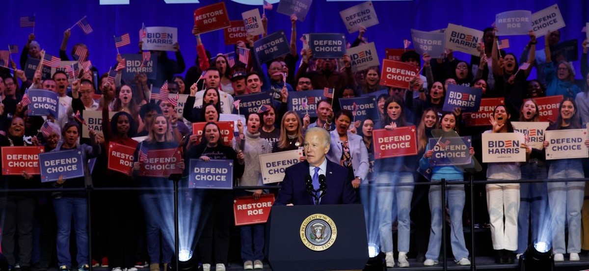MANASSAS, VIRGINIA - JANUARY 23: U.S. President Joe Biden speaks at a ”Reproductive Freedom Campaign Rally" at George Mason University on January 23, 2024 in Manassas, Virginia. During the first  ...