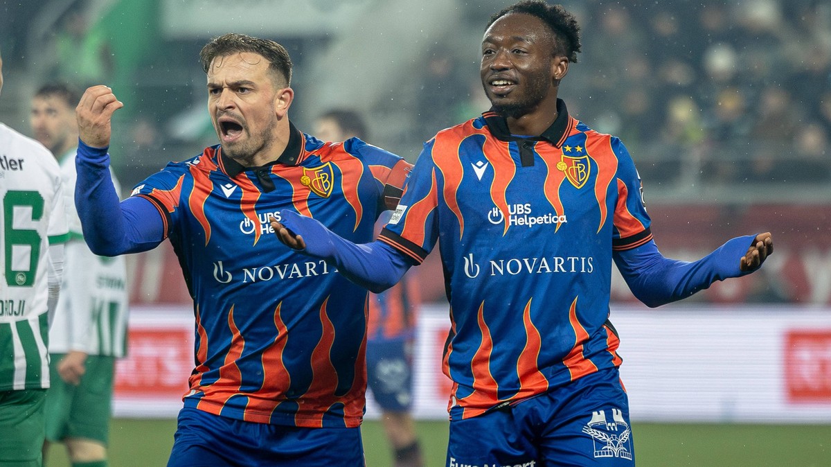 St. Gallen, Switzerland, December 08st 2024: Xherdan Shaqiri 10 Basel and Benie Traore 11 Basel if the gate is not recognized by Benie Traore 11 Basel during the Super League football match between FC ...
