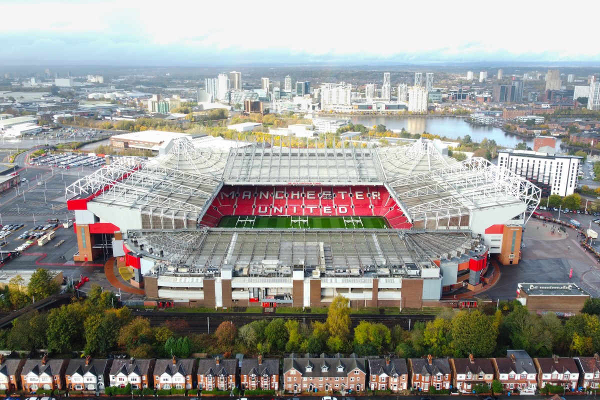 epaselect epa11688928 An aerial photograph taken by drone of Old Trafford stadium in Manchester, Britain, 28 October 2024. Erik ten Hag has left his role as Manchester United men's first-team man ...