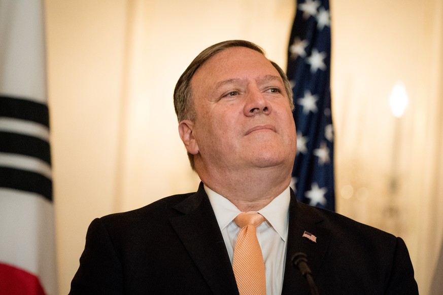 epa06729040 US Secretary of State Mike Pompeo speaks during a joint press conference with South Korean Foreign Minister Kang Kyung-wha (not pictured) at the State Department in Washington, DC, USA, 11 ...