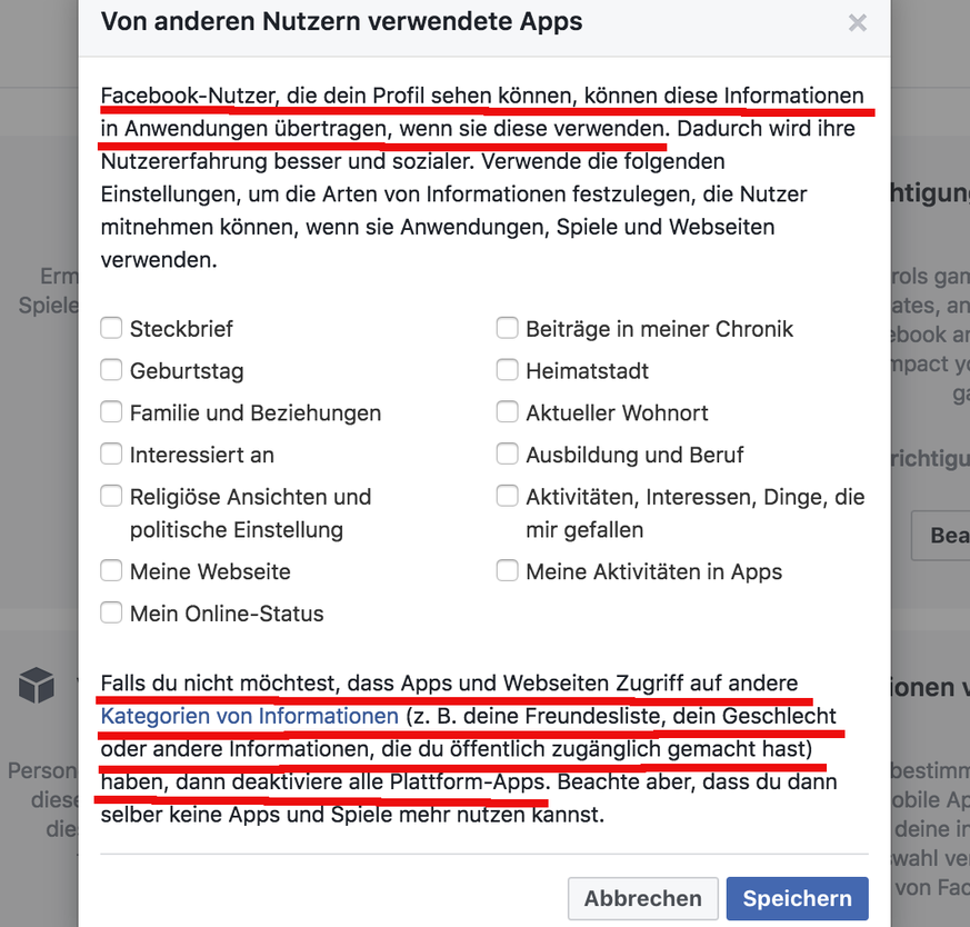 Von anderen Facebook-Nutzern verwendete Apps und Webseiten erhalten deine Profil-Daten, wenn du dies in den Einstellungen nicht deaktivierst.&nbsp;&nbsp;