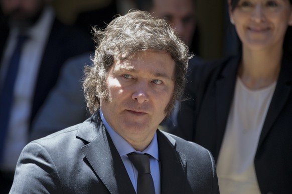 Argentine President Javier Milei leaves the Holocaust Museum after attending an event commemorating the International Day in Memory of the Victims of the Holocaust in Buenos Aires, Argentina, Friday, January 1...