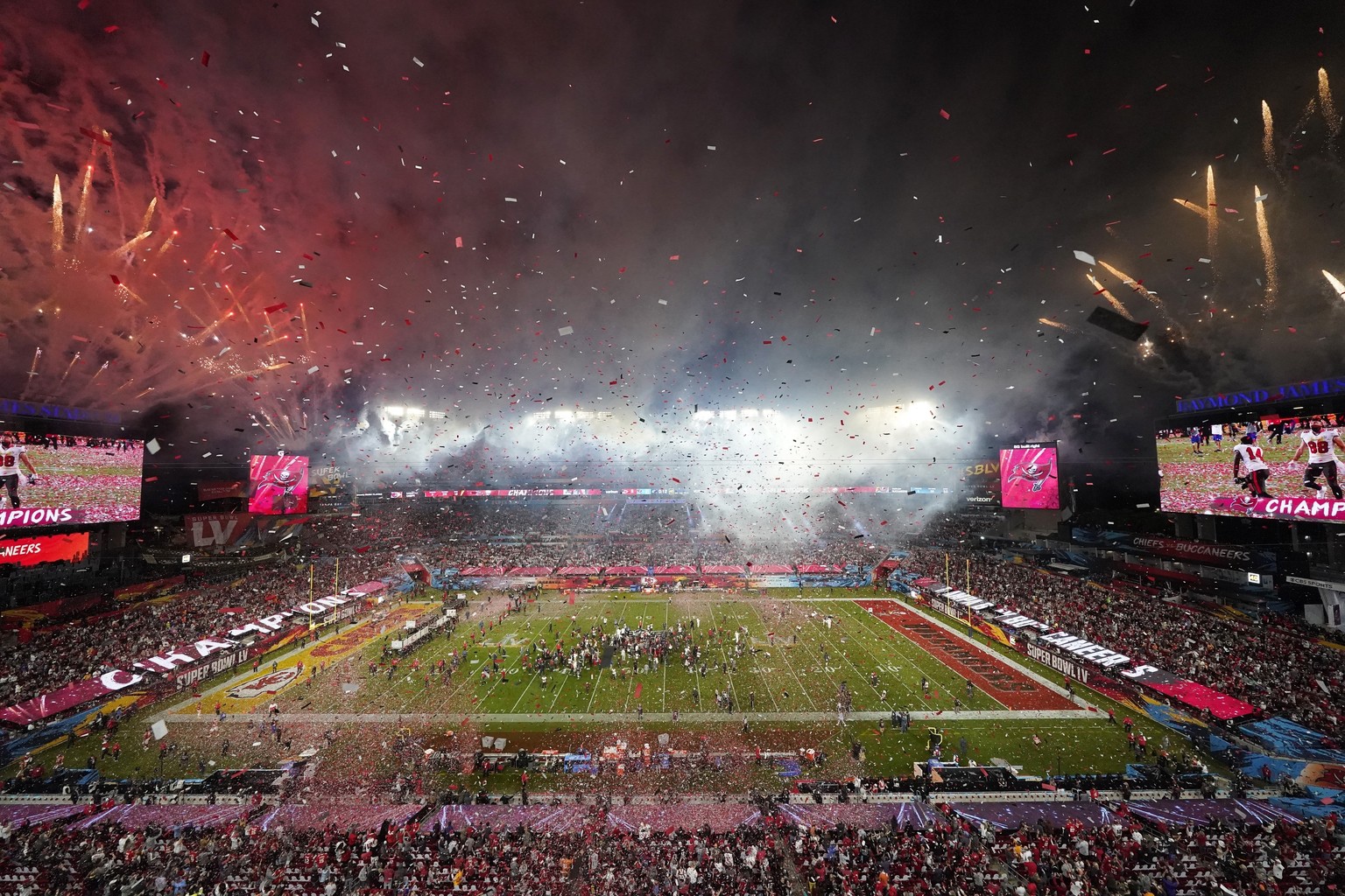 Fireworks explode after the Tampa Bay Buccaneers defeated the Kansas City Chiefs in the NFL Super Bowl 55 football game Sunday, Feb. 7, 2021, in Tampa, Fla. The Buccaneers defeated the Chiefs 31-9 to  ...