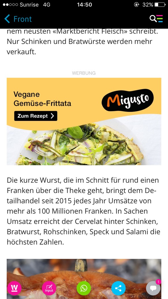 Schweizer Esser verzehren mehr als 100 Millionen Cervelats im Jahr
Haha... gut platzierte Werbung. ЁЯЩИ