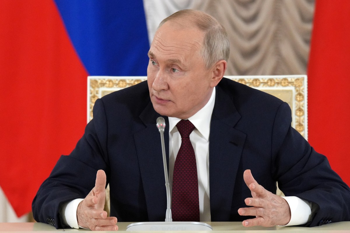 Russian President Vladimir Putin gestures while speaking to the media after the Russia Africa Summit in St. Petersburg, Russia, Saturday, July 29, 2023. (Alexei Danichev, Sputnik, Kremlin Pool Photo v ...