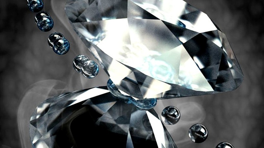 Illustration von molekularem Wasserstoff, der zwischen zwei Diamantstempeln gepresst wird.&nbsp;