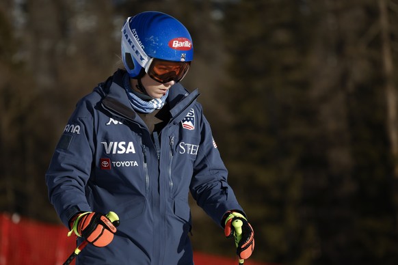 United States&#039; Mikaela Shiffrin concentrates ahead of an alpine ski, women&#039;s World Cup downhill race, in Cortina d&#039;Ampezzo, Italy, Friday, Jan. 26, 2024. Shiffrin crashed into the safet ...