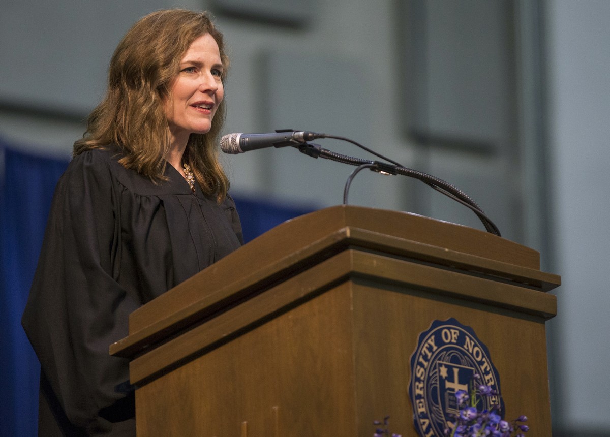 FILE - In this May 19, 2018, file photo, Amy Coney Barrett, United States Court of Appeals for the Seventh Circuit judge, speaks during the University of Notre Dame's Law School commencement cere ...